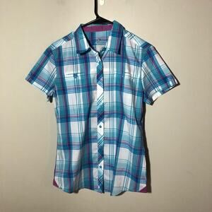 Kuhl womens plaid camp shirt button up short sleeve pink blue polyester S hiking